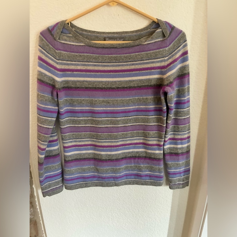 Grayson & Dunn Purple & Gray Striped 100% Cashmere Sweater Size Small